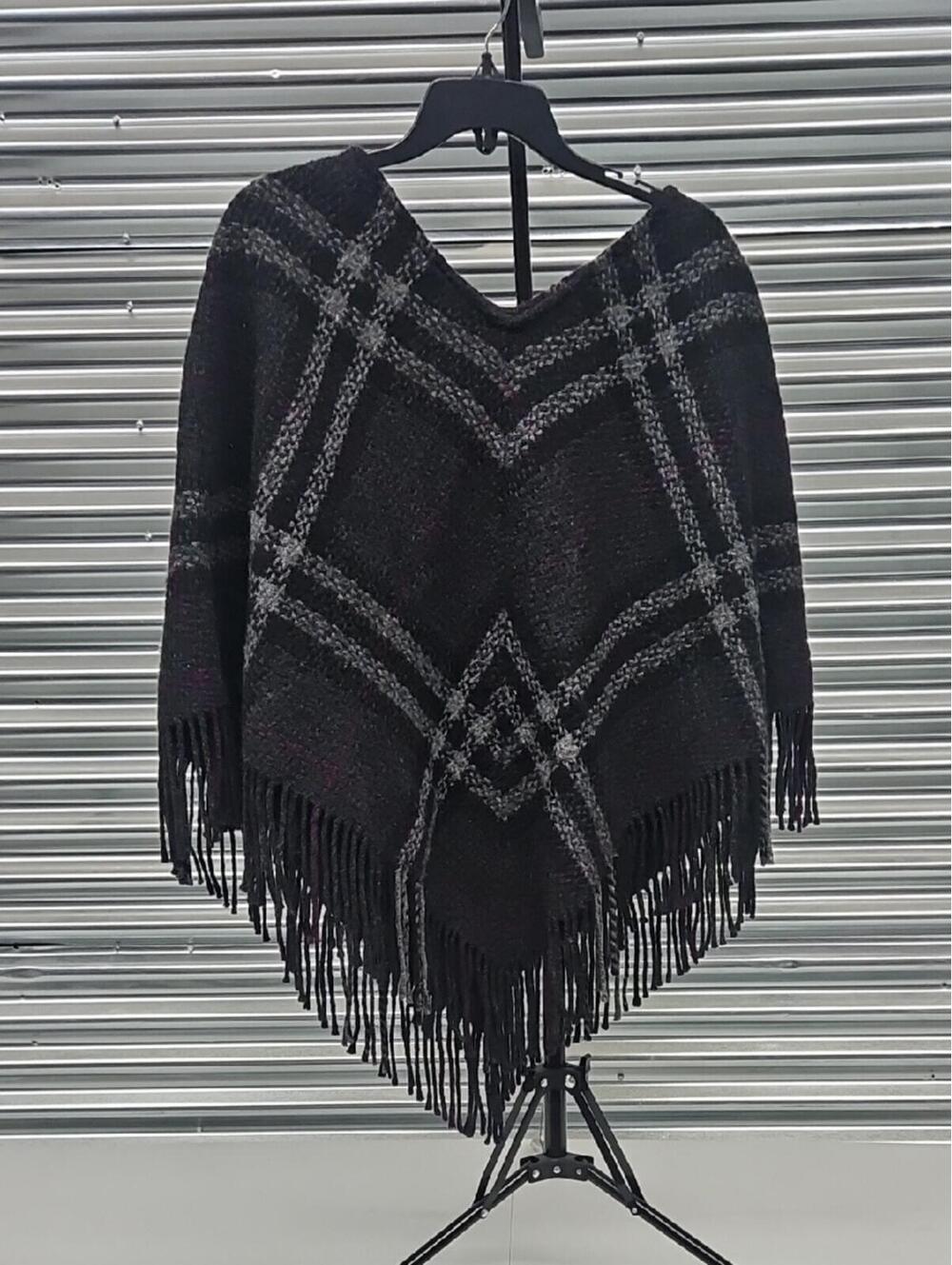 Burberry Black & Gray Fringed Poncho Sweater